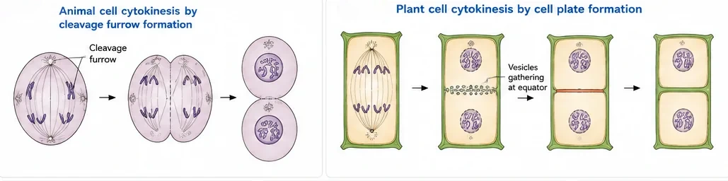 Left: animal cell cytokinesis by a cleavage furrow that deepens until the cell pinches into two. Right: plant cell cytokinesis in which vesicles gather at the equator to form a cell plate that grows outwards