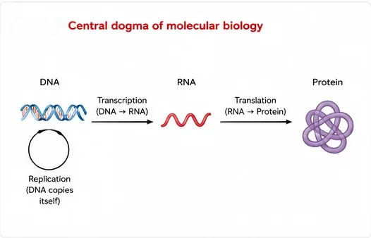 The central dogma: DNA replicates itself, is transcribed into RNA, and RNA is translated into protein
