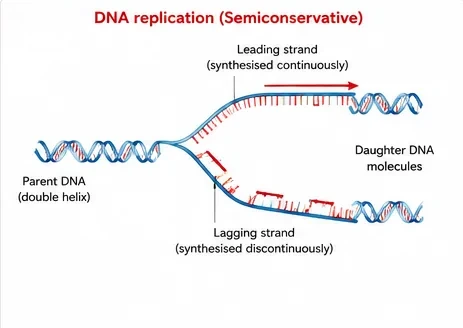 A replication fork in which the parent double helix opens; the leading strand is made continuously and the lagging strand discontinuously, giving two daughter molecules