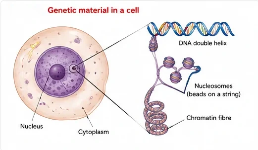 A cell with its nucleus enlarged to show DNA double helix wrapped around histones to form nucleosomes (beads on a string), which coil into a chromatin fibre
