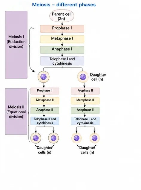 Flow chart of meiosis: a diploid parent cell passes through prophase I to telophase I forming two haploid daughter cells, each of which passes through meiosis II to give four haploid cells