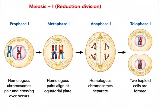 Four stages of meiosis I: prophase I with homologous pairing and crossing over, metaphase I with homologous pairs at the equator, anaphase I with homologues separating, and telophase I forming two haploid cells