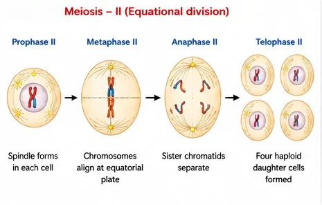 Four stages of meiosis II: prophase II, metaphase II with chromosomes at the equator, anaphase II with sister chromatids separating, and telophase II forming four haploid daughter cells