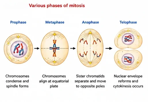 Four stages of mitosis: prophase with condensing chromosomes and forming spindle, metaphase with chromosomes at the equatorial plate, anaphase with sister chromatids moving to opposite poles, and telophase with reforming nuclei and cytokinesis