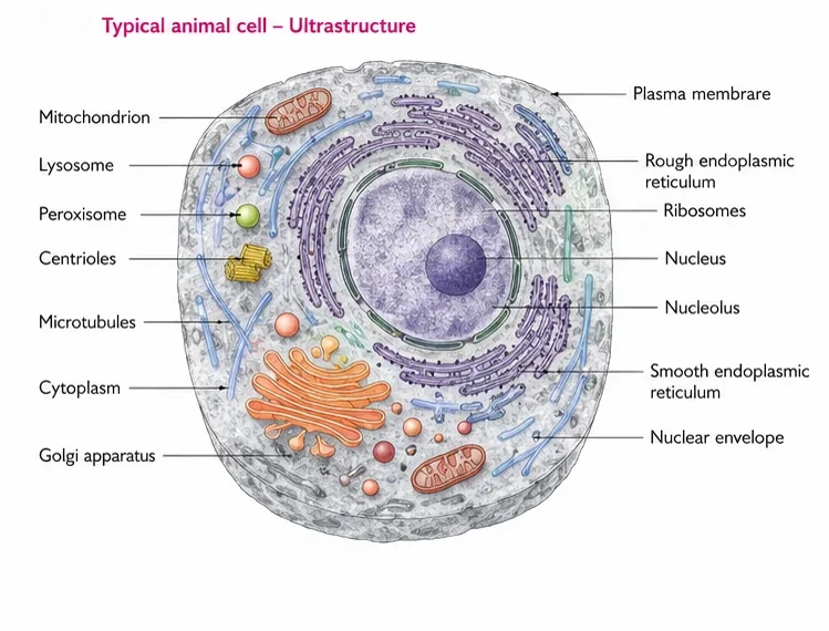 An animal cell with plasma membrane, nucleus, nucleolus, nuclear envelope, rough and smooth ER, Golgi apparatus, mitochondria, lysosome, peroxisome, centrioles and microtubules
