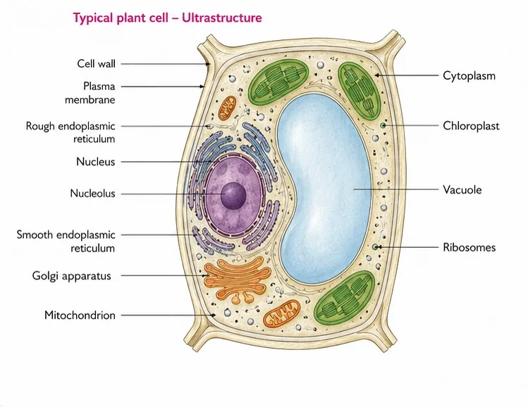 A plant cell with cell wall, plasma membrane, nucleus with nucleolus, rough and smooth ER, Golgi apparatus, mitochondria, chloroplasts, ribosomes and a large central vacuole