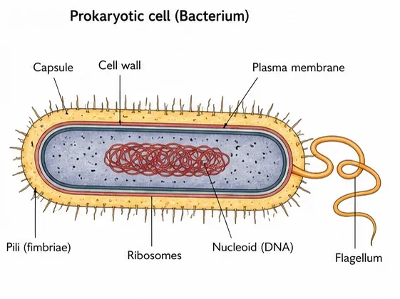 A rod-shaped bacterium with capsule, cell wall, plasma membrane, coiled nucleoid DNA, scattered ribosomes, surface pili and a long flagellum