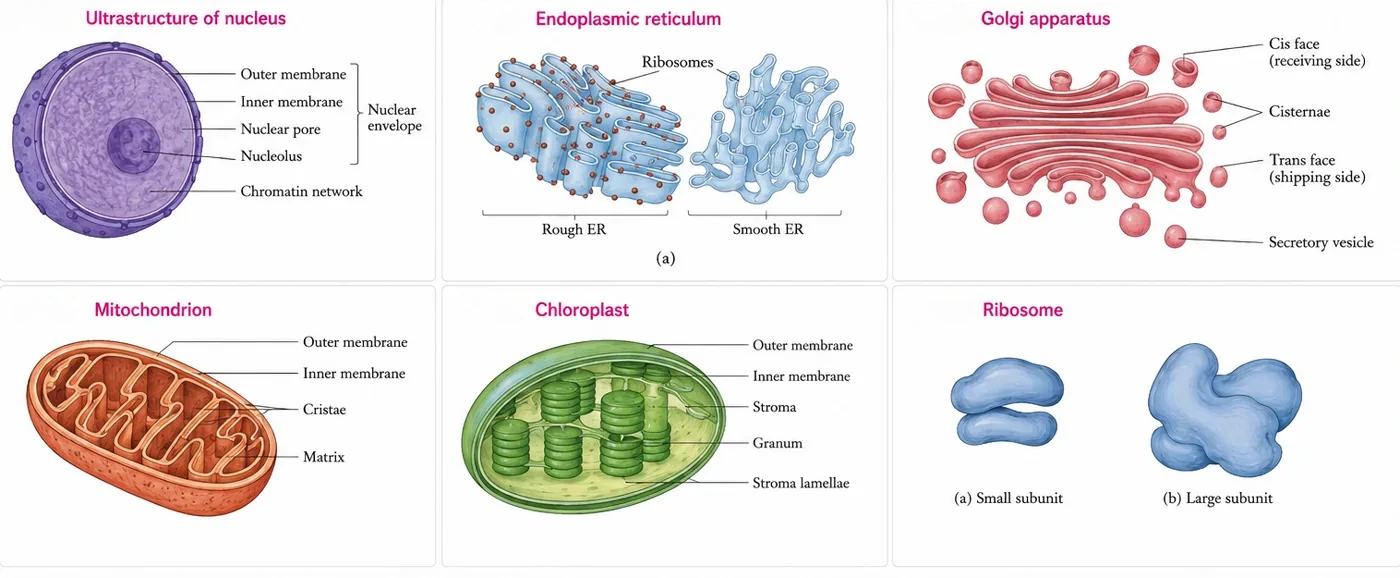 Six organelle panels: nucleus with double membrane, pores and nucleolus; rough and smooth ER; Golgi apparatus with cis and trans faces; mitochondrion with cristae and matrix; chloroplast with grana and stroma lamellae; and the small and large ribosome subunits