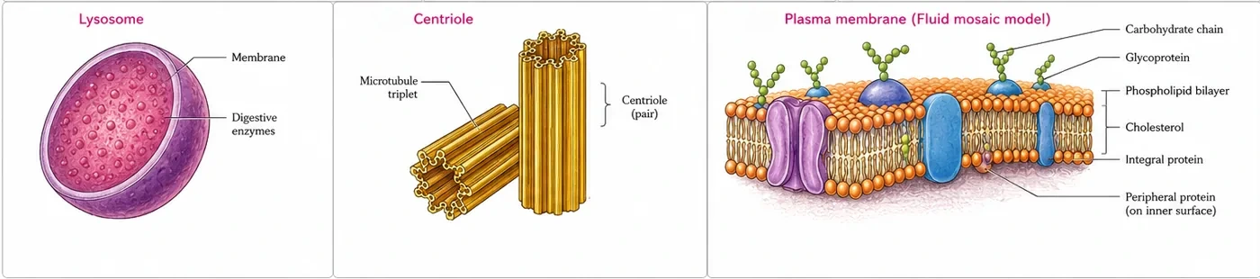A lysosome as a membrane-bound sphere filled with digestive enzymes, a pair of centrioles made of microtubule triplets lying at right angles, and a fluid mosaic plasma membrane