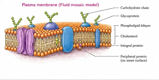 Fluid mosaic model of the plasma membrane with a phospholipid bilayer, cholesterol, integral and peripheral proteins, glycoproteins and carbohydrate chains on the outer surface