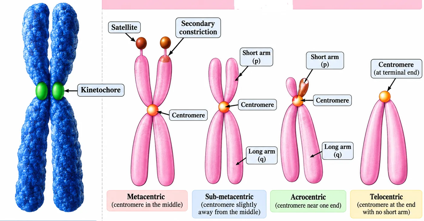 A replicated chromosome with green kinetochores at the centromere, and four chromosome types — metacentric with a satellite and secondary constriction, sub-metacentric, acrocentric and telocentric — showing short arm p and long arm q