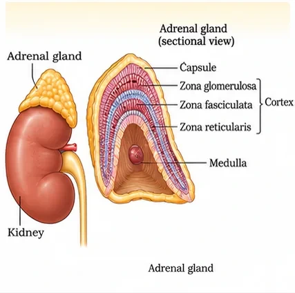 An adrenal gland sitting on top of a kidney and its sectional view showing the capsule, the three zones of the cortex (zona glomerulosa, fasciculata and reticularis) and the central medulla