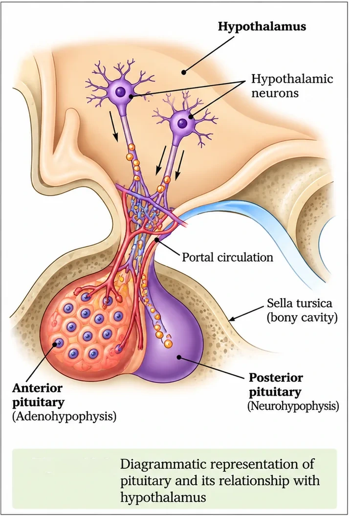 The hypothalamus with neurosecretory neurons connected through a portal circulation to the anterior pituitary (adenohypophysis) and directly through axons to the posterior pituitary (neurohypophysis), both lying in the sella turcica