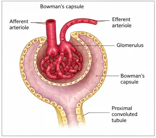 Bowman's capsule enclosing the glomerulus, with the afferent arteriole entering, the efferent arteriole leaving and the proximal convoluted tubule beginning from the capsule