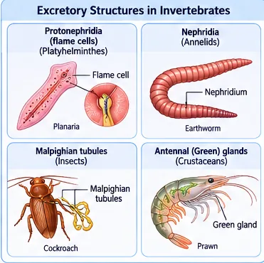 Four excretory structures: protonephridia with flame cells in Planaria, nephridia in earthworm, Malpighian tubules in cockroach and antennal (green) glands in prawn
