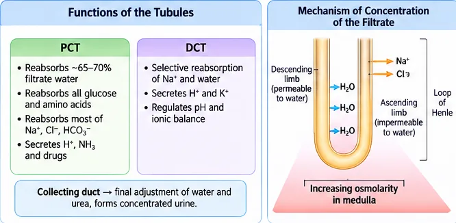 Two panels: functions of the PCT, DCT and collecting duct, and the loop of Henle with water leaving the descending limb and Na+ and Cl- leaving the ascending limb, creating increasing osmolarity in the medulla