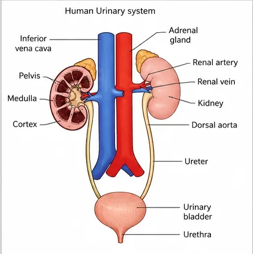 Human urinary system showing kidneys with adrenal glands, renal artery and vein, inferior vena cava, dorsal aorta, ureters, urinary bladder and urethra