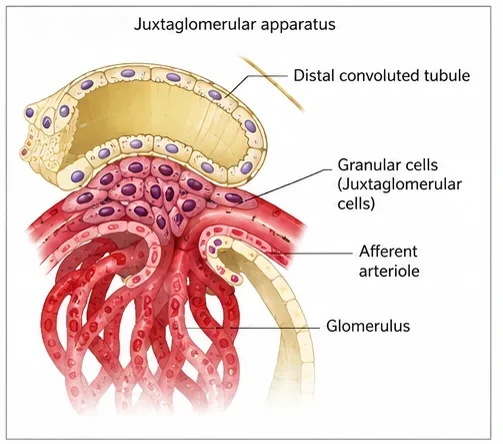 Juxtaglomerular apparatus where the distal convoluted tubule touches the afferent arteriole, showing granular juxtaglomerular cells near the glomerulus
