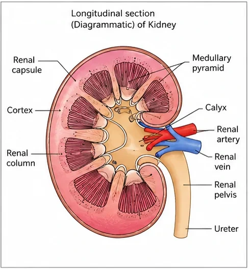 Longitudinal section of a kidney with renal capsule, cortex, medullary pyramids, renal columns, calyces, renal pelvis, ureter, renal artery and renal vein
