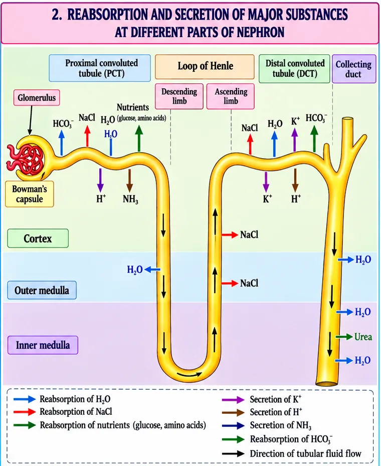 Reabsorption and secretion along a nephron: PCT reabsorbs HCO3-, NaCl, water and nutrients and secretes H+ and NH3; the ascending limb reabsorbs NaCl; the DCT reabsorbs NaCl, water and HCO3- and secretes K+ and H+; the collecting duct reabsorbs water and passes urea