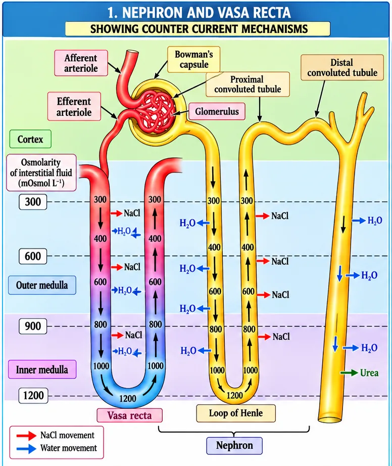 Counter-current mechanism showing the nephron loop of Henle and the vasa recta side by side, with osmolarity of the interstitial fluid rising from 300 in the cortex to 1200 milliosmoles per litre in the inner medulla, and movement of NaCl, water and urea