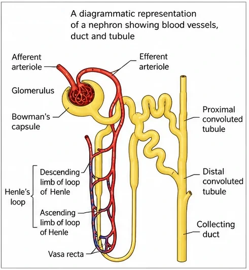 Diagram of a nephron with afferent and efferent arterioles, glomerulus, Bowman's capsule, proximal convoluted tubule, loop of Henle with descending and ascending limbs, vasa recta, distal convoluted tubule and collecting duct