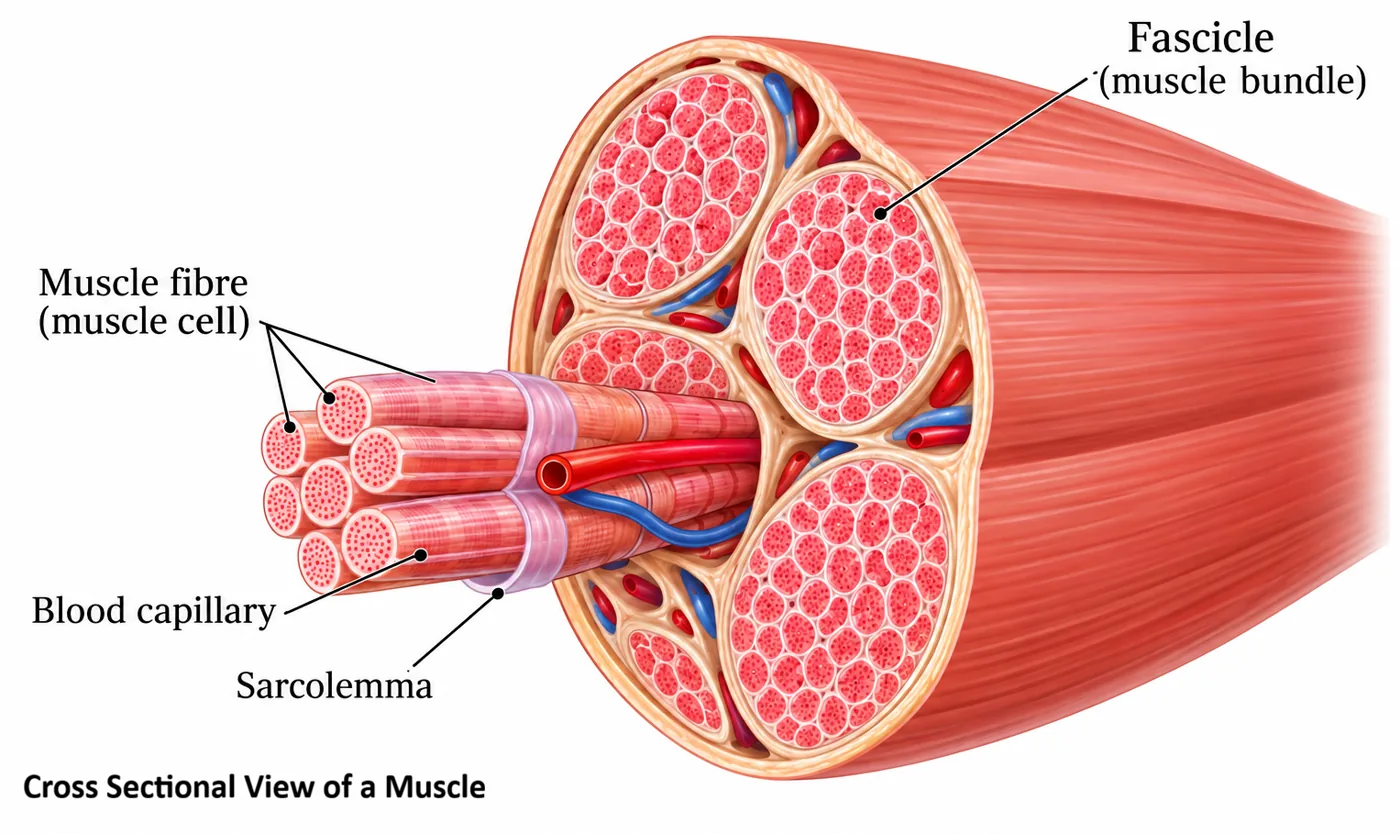 Cut-away view of a skeletal muscle showing fascicles (muscle bundles), muscle fibres (muscle cells), sarcolemma and blood capillaries