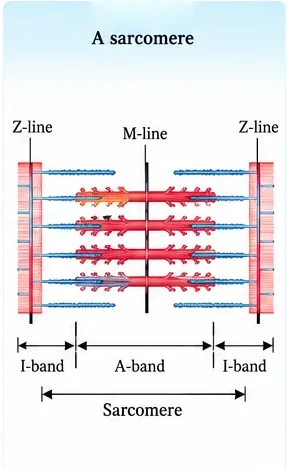 A sarcomere between two Z-lines with the central M-line, the dark A-band of thick myosin filaments and the light I-bands of thin actin filaments