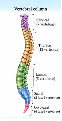The human vertebral column with cervical, thoracic, lumbar, sacral and coccygeal regions