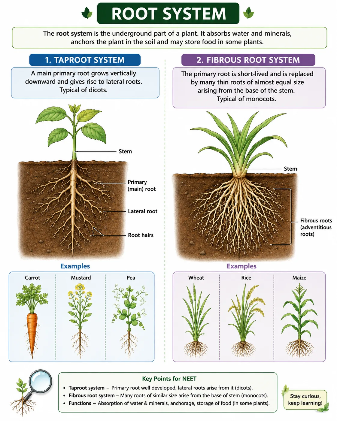 Tap root system of a dicot with a primary root, lateral roots and root hairs, and fibrous root system of a monocot with many roots arising from the stem base; examples carrot, mustard, pea, wheat, rice and maize