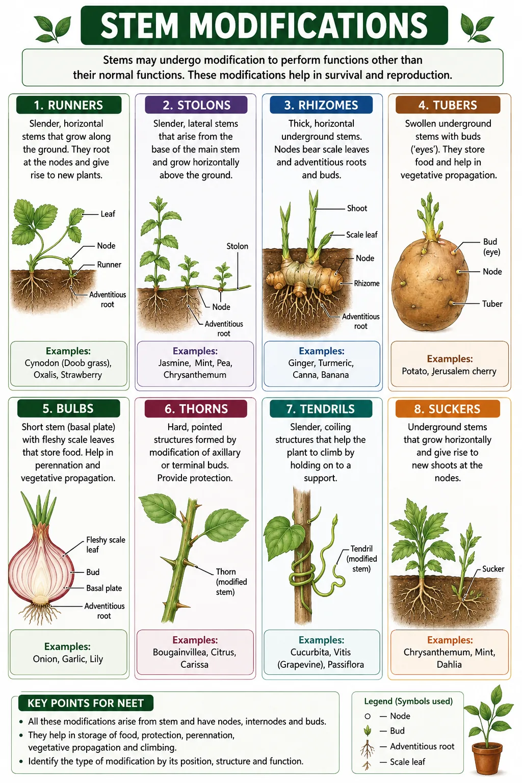Eight panels showing runners, stolons, rhizomes, tubers, bulbs, thorns, tendrils and suckers with labelled nodes, buds and adventitious roots