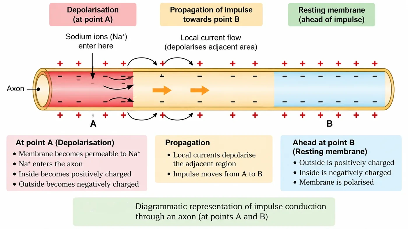 Diagram of an axon showing depolarisation at point A where sodium ions enter, local current flow propagating the impulse, and the polarised resting membrane ahead at point B