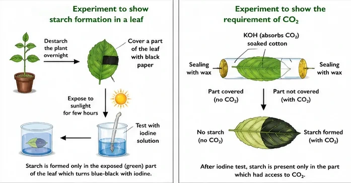 Two experiments: covering part of a destarched leaf with black paper to show light is needed for starch, and enclosing part of a leaf with KOH to show carbon dioxide is needed