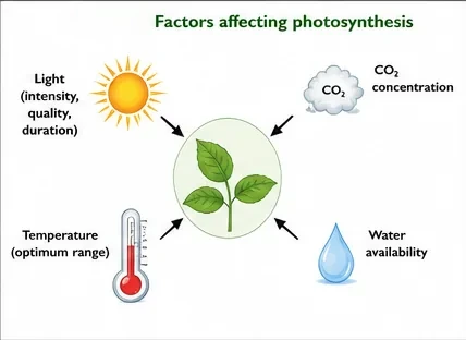 Illustration of external factors affecting photosynthesis: light intensity, quality and duration; carbon dioxide concentration; temperature; and water availability