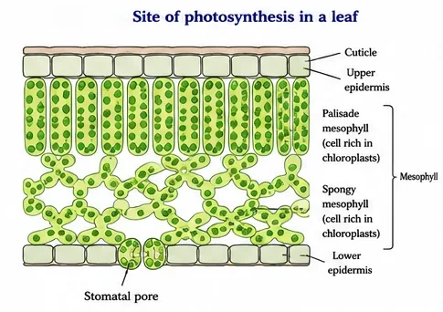 Cross-section of a leaf showing cuticle, upper epidermis, palisade mesophyll, spongy mesophyll, lower epidermis and a stomatal pore