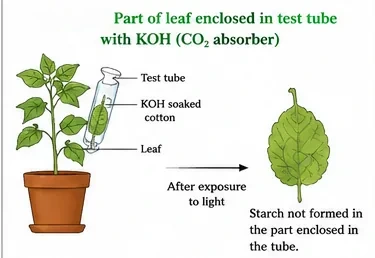A leaf partly enclosed in a test tube with KOH-soaked cotton; after exposure to light, starch is absent from the enclosed part