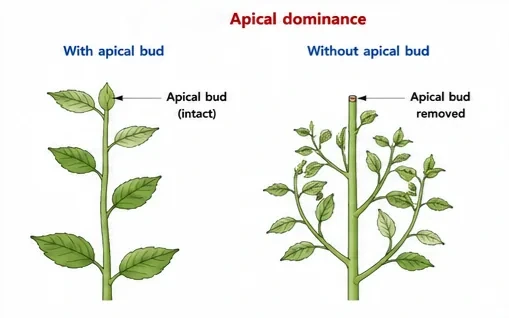 A plant with its apical bud intact shows little branching, while a plant whose apical bud has been removed grows many lateral branches