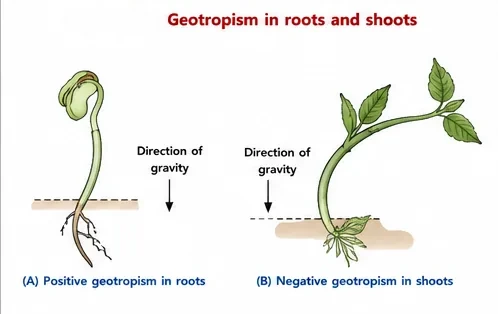 A seedling root growing downwards in the direction of gravity (positive geotropism) and a shoot bending upwards against gravity (negative geotropism)