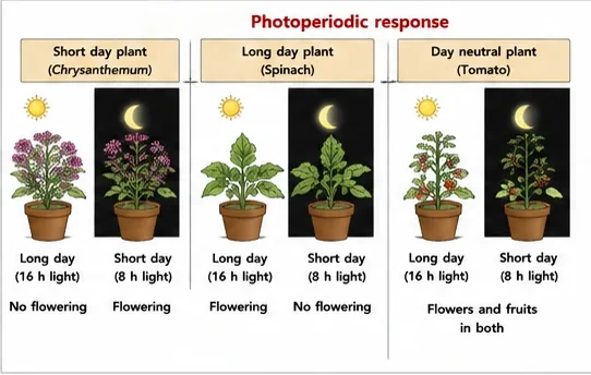 A short-day plant, a long-day plant and a day-neutral plant grown under 16-hour and 8-hour days, showing which flower in each condition