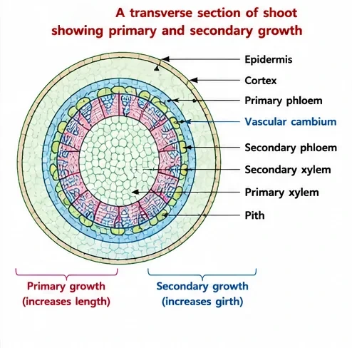 Transverse section of a stem showing epidermis, cortex, primary and secondary phloem, vascular cambium, secondary and primary xylem and pith