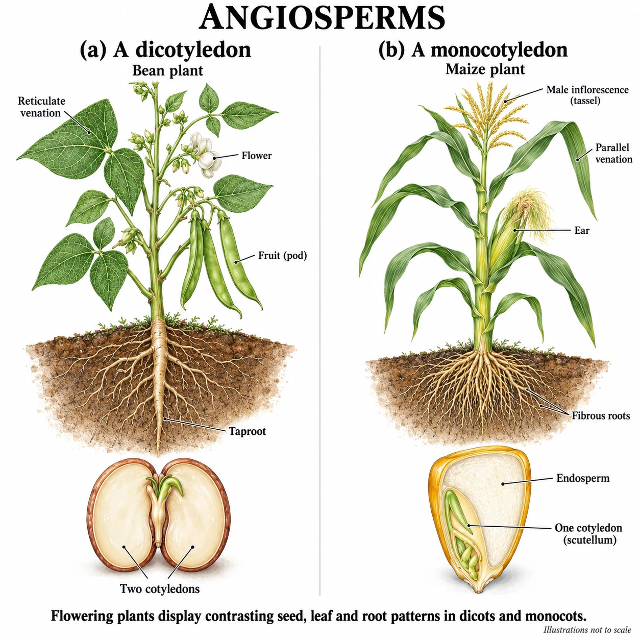 A dicotyledonous bean plant with reticulately veined leaves, flowers, pods, a taproot and a seed with two cotyledons, beside a monocotyledonous maize plant with parallel-veined leaves, tassel, ear, fibrous roots and a grain with endosperm and one cotyledon (scutellum)