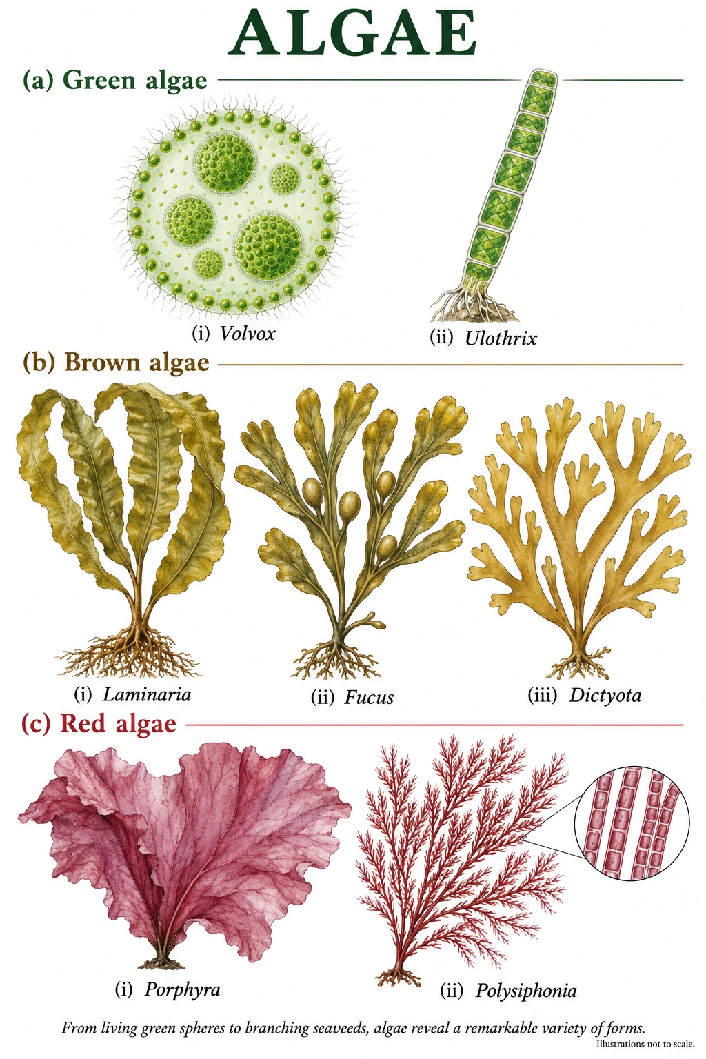 Green algae: a spherical Volvox colony with daughter colonies and a filamentous Ulothrix attached by a holdfast; brown algae: Laminaria, Fucus with air bladders and branched Dictyota; red algae: leafy Porphyra and finely branched Polysiphonia with an inset of its cells