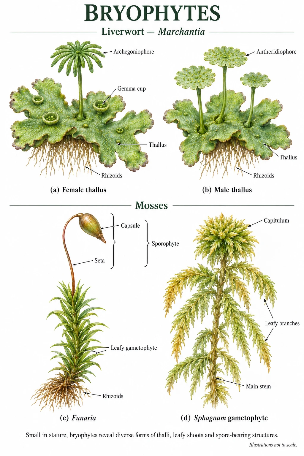Female and male Marchantia thalli with archegoniophore, antheridiophore, gemma cups and rhizoids; Funaria with gametophyte and attached sporophyte (capsule, seta); and a Sphagnum gametophyte with capitulum, leafy branches and main stem