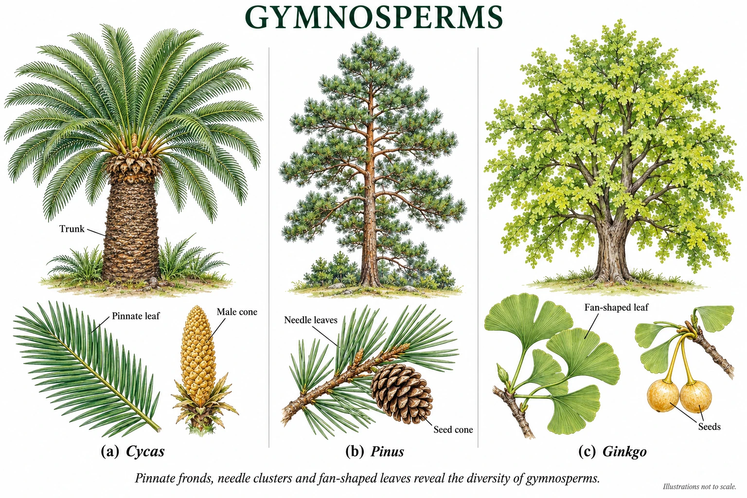 Cycas with an unbranched trunk, a crown of pinnate leaves and a male cone; a tall Pinus tree with needle leaves and a woody seed cone; and a Ginkgo tree with fan-shaped leaves and stalked seeds