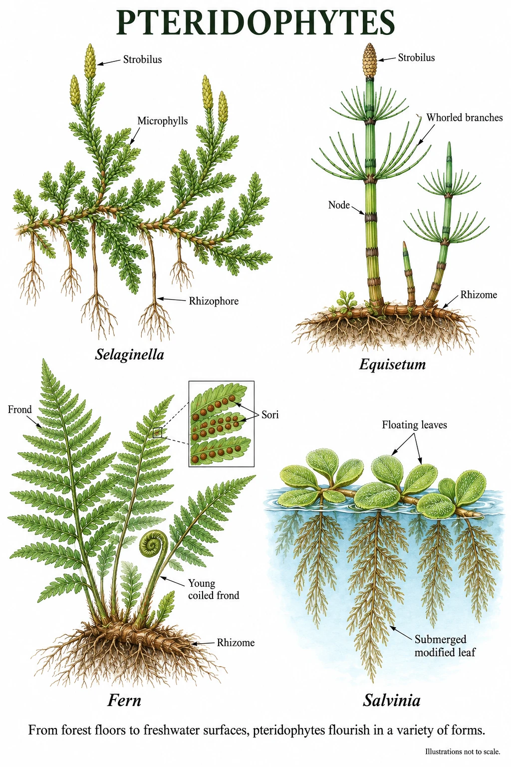 Selaginella with microphylls, strobili and rhizophores; Equisetum with nodes, whorled branches, a terminal strobilus and an underground rhizome; a fern with fronds, sori, a young coiled frond and rhizome; and floating Salvinia with submerged modified leaves