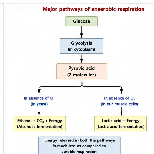 Flow chart showing glucose undergoing glycolysis to pyruvic acid, which forms ethanol and CO2 in yeast or lactic acid in muscle cells in the absence of oxygen