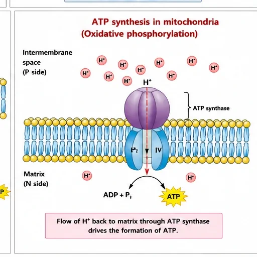 ATP synthase in the inner mitochondrial membrane: protons crowded in the intermembrane space flow back into the matrix through the enzyme, which joins ADP and phosphate to form ATP