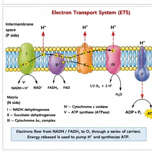 The electron transport system in the inner mitochondrial membrane with complexes I to V; electrons from NADH and FADH2 pass to oxygen while protons are pumped into the intermembrane space and ATP synthase makes ATP