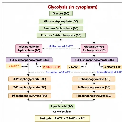 Flow chart of glycolysis from glucose through glucose-6-phosphate, fructose-1,6-bisphosphate, glyceraldehyde-3-phosphate, 1,3-bisphosphoglycerate, 3-phosphoglycerate and phosphoenolpyruvate to two molecules of pyruvic acid