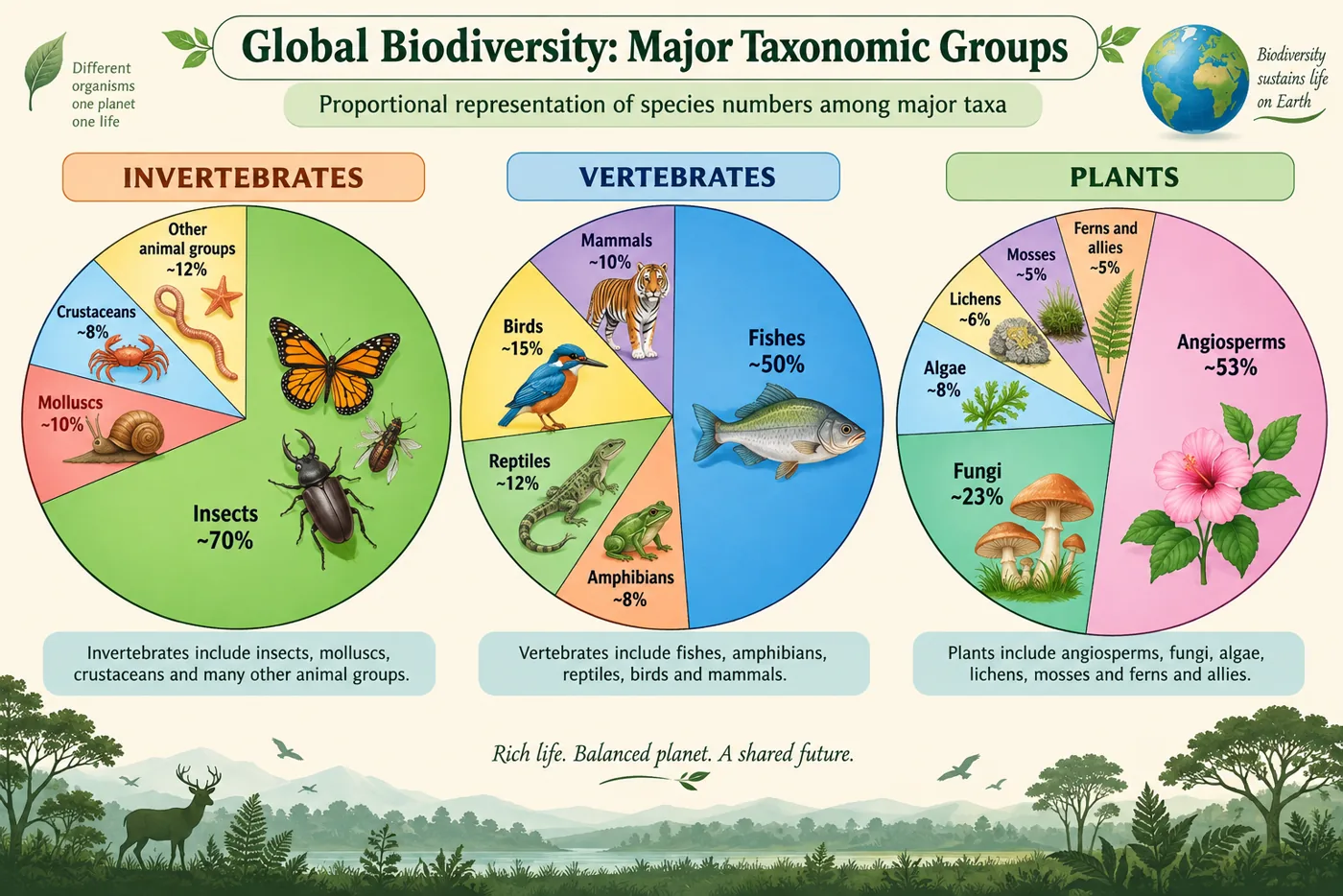 Three pie charts of approximate species proportions: invertebrates dominated by insects (~70%), vertebrates dominated by fishes, and plants dominated by angiosperms and fungi